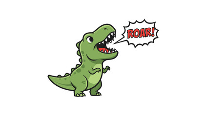 Obraz premium Adorable little green tyrannosaurus rex cartoon character roaring out loud with a jagged speech bubble on a white background.