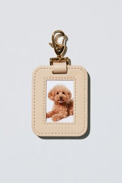 Beige leather pet ID tag holder with neat stitching and a gold swivel clasp, displaying a photo of a fluffy apricot poodle, isolated for clarity