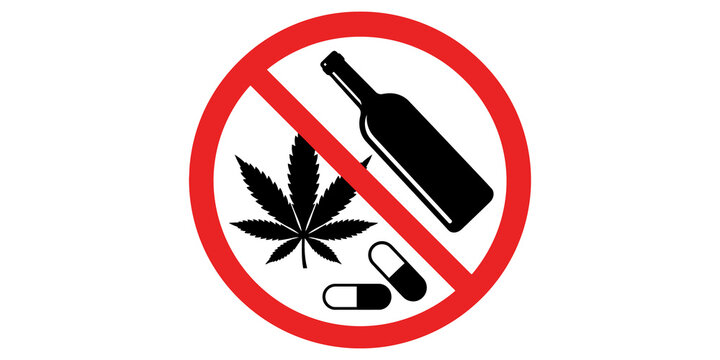 Prohibition sign against drugs and alcohol with cannabis leaf and bottle.