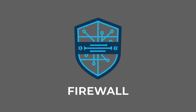Cybersecurity concept showing a blue shield with digital circuit patterns and the text firewall below.