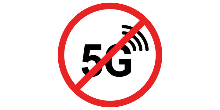 No 5G technology allowed prohibition sign with 5g symbol and red circle with slash.