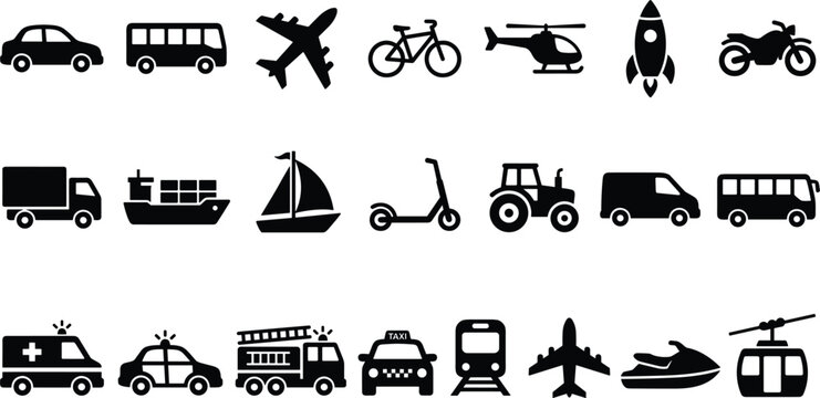Global logistics transit and passenger transportation solid glyph icon collection pack for urban travel navigation applications vector