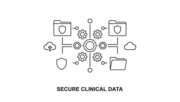 Technical linear diagram demonstrating secure clinical data systems with folders, gears, shields, and clouds.