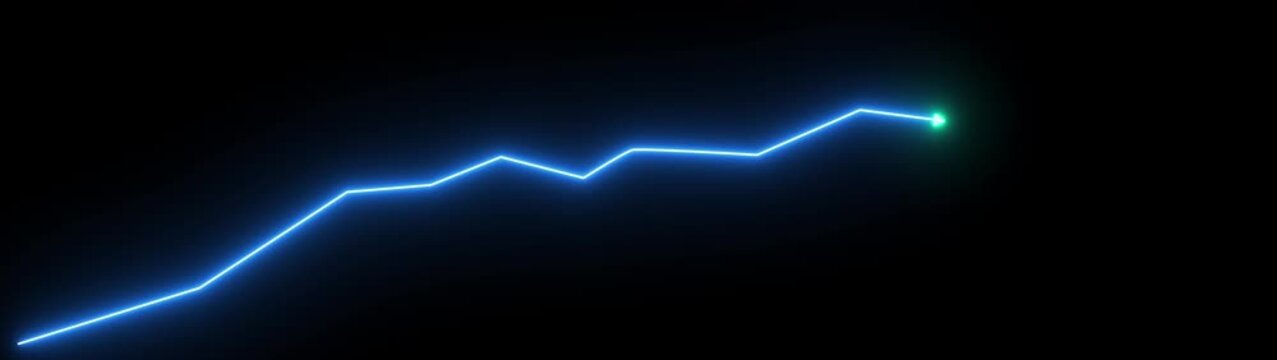 Neon Blue Growth Arrow Line Graph with Glowing Green Arrowhead on Black Background for Business, Finance, Analytics, Success and Digital Technology