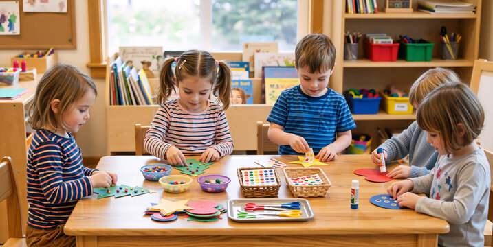 Happy children making arts and crafts at table. Group of kids decorating paper shapes in classroom. Learning and DIY activity concept