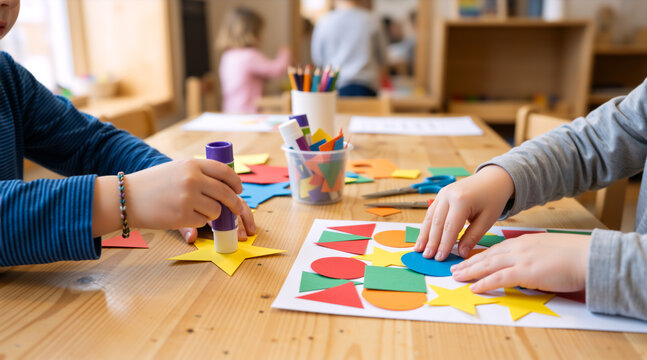 Children making arts and crafts at table. Hands using a glue stick to attach paper shapes. Learning and DIY activity concept