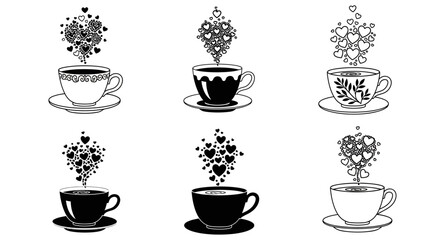 Fototapeta premium Set of six unique coffee cups with heart shaped steam clouds for valentines day vector illustration of caffeinated beverage cups with romantic smoke designs