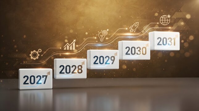 Business growth steps showing years from 2027 to 2031