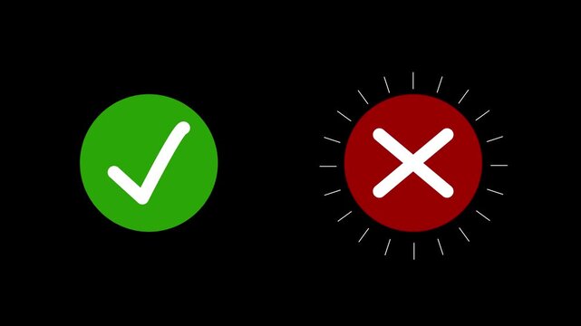 Video footage of yes or no, check mark and cross mark signs icon animation, pop-up green check mark and red cross X symbol. Green check mark and red cross mark 4k ... 