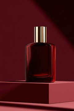 Luxury perfume bottle made of deep garnet red glass with a polished gold cap, placed on a burgundy pedestal with a dark wine-red background