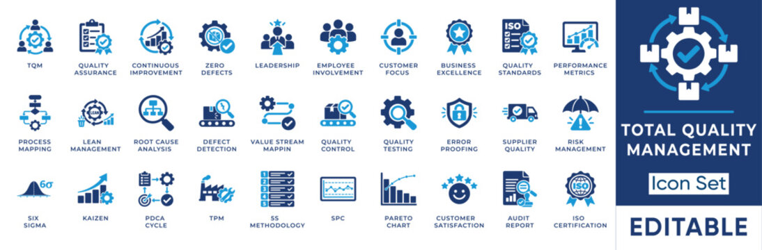 Total quality management solid icon set. Includes symbols for Six Sigma, Kaizen, Lean Management, and ISO Certification. Editable vector icons for business operations and manufacturing.