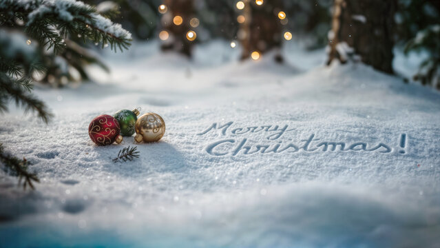 Weihnachtskugel im Schnee mit Merry Christmas Schriftzug