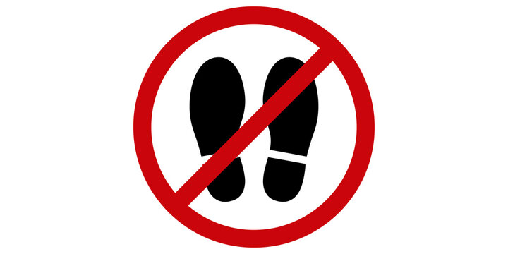Prohibition sign with black footsteps silhouette inside a red slashed circle isolated on transparent background.