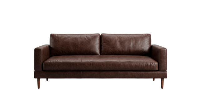 Dark Brown Leather Three Seat Sofa with Two Back Cushions, No Background, Transparent PNG, texture