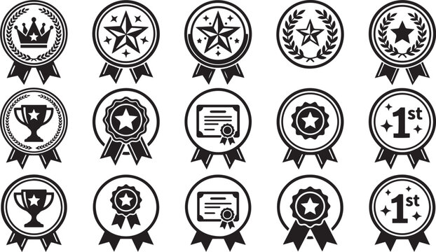 Award Ribbon Icons, Trophy Badge Symbols for Achievement Design | Award Symbols, Quality Guarantee Seals for Business Branding | Winner Badge Icons, Certification Symbols for Professional Design | Tro