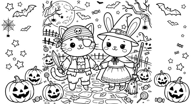 Cute Halloween Cat Pirate and Bunny Witch Coloring Page Vector