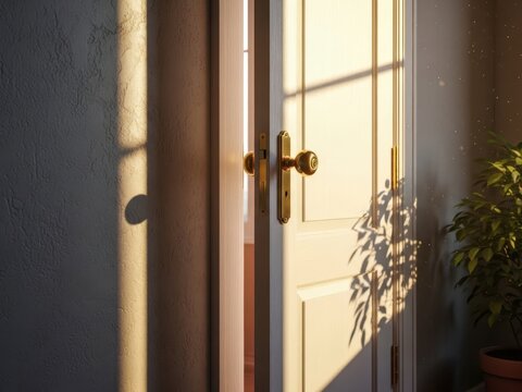 Light green wooden door with brass handle and hanging plant