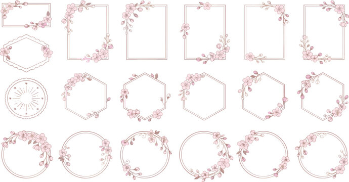 Delicate Cherry Blossom Floral Frame Collection with Pink Flower Borders, Square, Rectangle, Hexagon, Circular, Wedding, Invitation, Greeting, and Botanical Templates