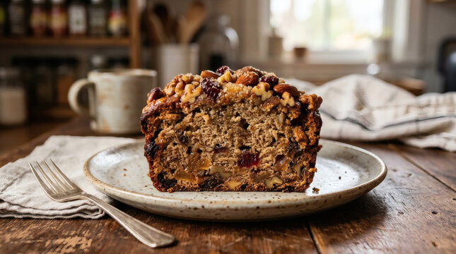 Delicious slice of fruitcake with nuts and dried fruit on a rustic plate with fork