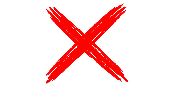 Hand drawn red cross mark for negative selection or error symbol on transparent background.