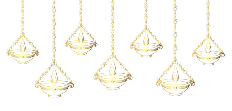 Hanging diya's Diwali lamp on line art style with transparent background	