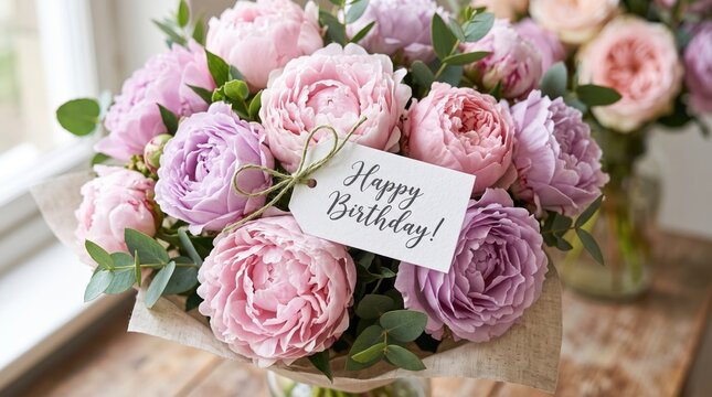 Luxurious bouquet of pink and purple peonies with birthday greeting