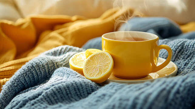  yellow knitted scarf and cup of tea with lemon, winter cozy flatlay