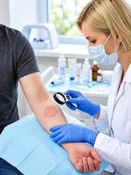 Dermatologist examining fungal tinea infection on patient forearm in clinic