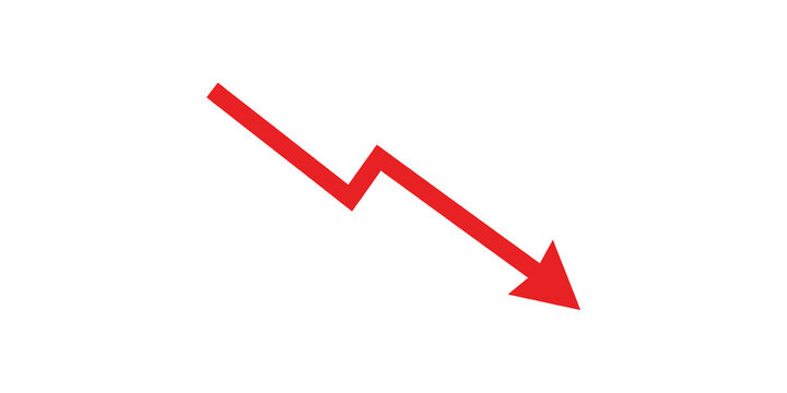 Red arrow pointing down indicating a negative trend or decrease on a transparent checkered background, useful for business reports.