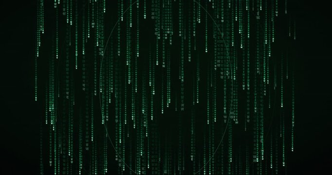 Devanagari characters cascade down in a phosphor green matrix rain animation with a deep tunnel parallax effect.