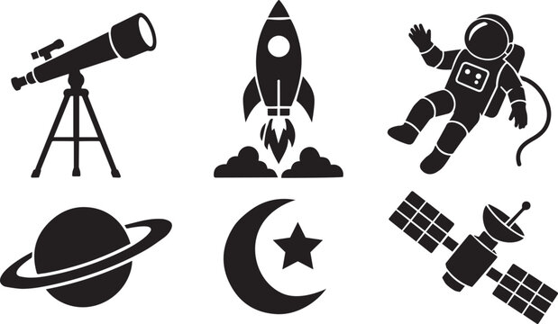 Set of black and white space exploration icons featuring rocket astronaut planet telescope and satellite illustrations