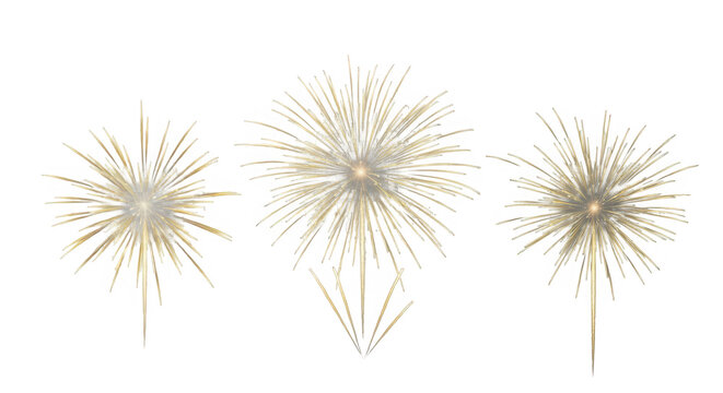 A set of three golden fireworks exploding isolated on transparent background