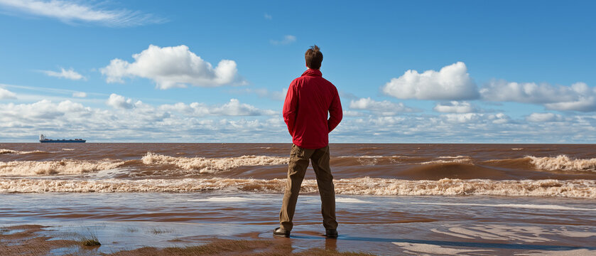 A Solitary Journey: A lone figure stands on a windswept beach, gazing out at the vast, turbulent ocean under a dramatic sky, contemplating the unknown future.