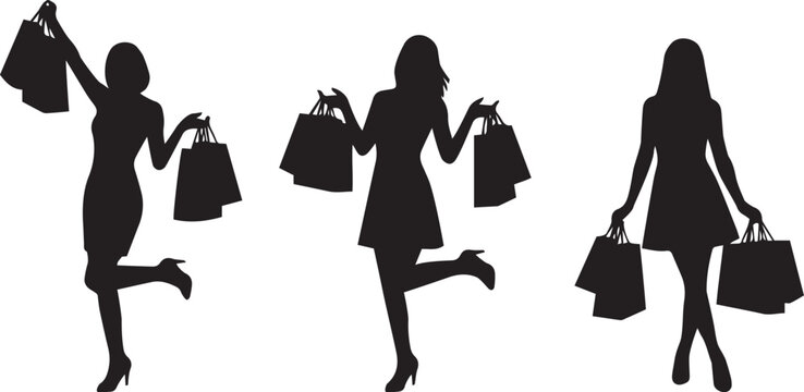 Silhouettes of three fashionable women carrying many shopping bags isolated on a white background