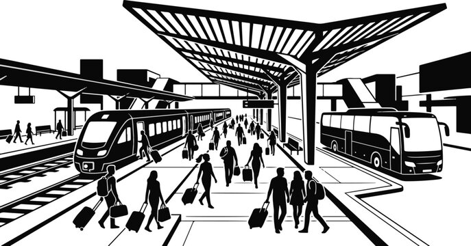 Modern transportation hub vector illustration, busy railway station with train and bus, travelers with luggage at terminal platform, black and white graphic