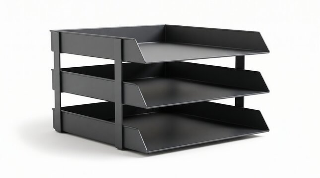 Empty three tier black plastic office document tray for organizing paperwork on a white background