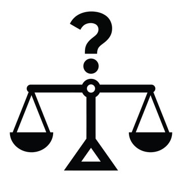 Scales of justice icon with a question mark symbol above representing legal uncertainty justice system legal problem