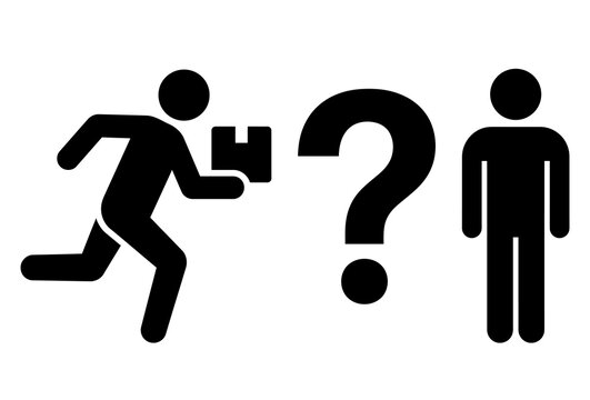 Delivery person running with parcel next to a question mark symbol and a human silhouette missing package delivery
