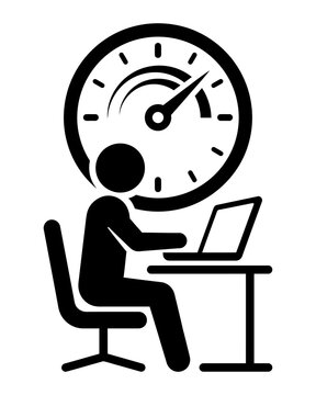 Person working on a laptop with a large speedometer icon representing productivity or efficiency