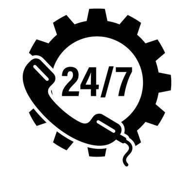 Round the clock support icon with telephone handset and gears customer service twenty four seven call center