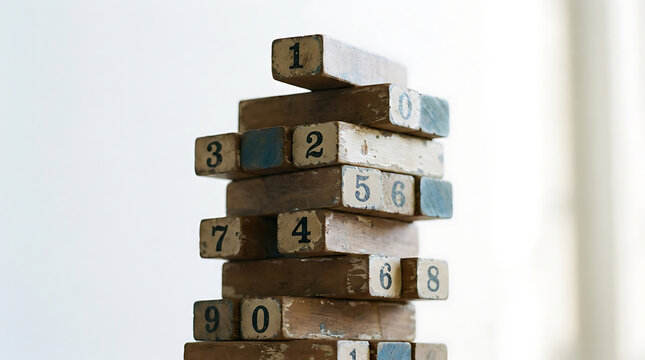 Vintage wooden number blocks stacked in a precarious tower against a neutral background