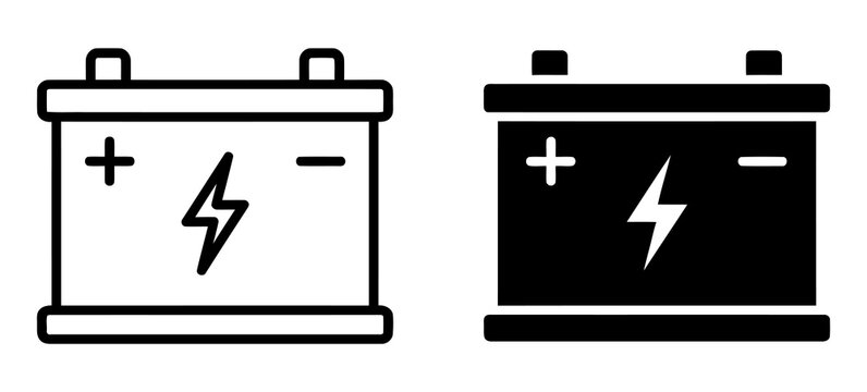 Car battery line art and solid black icons showing electricity and power symbols with electricity