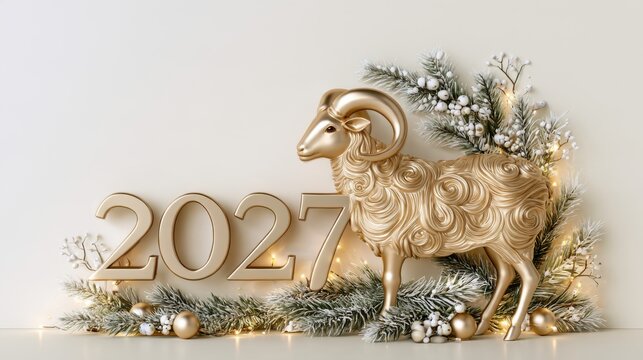 New Year 2027 display with a golden sheep beside large gold numbers, adorned with frosted evergreen branches, white berries, and shiny baubles