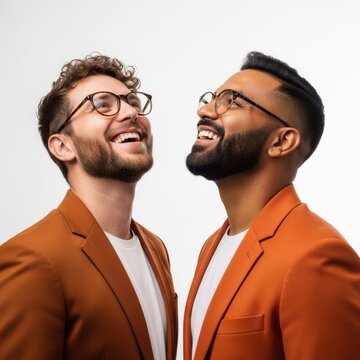 Two men laughing together wearing glasses