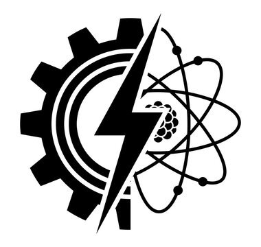 Combined industrial gear and scientific atom symbol icon with lightning bolt energy technology physics sign