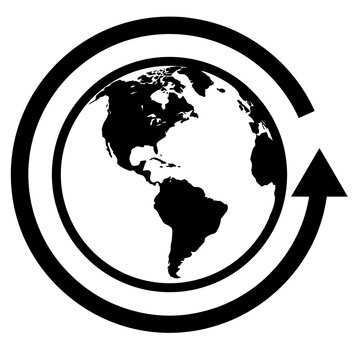 Planet earth globe icon enclosed by a circular arrow symbolizing global rotation recycling world circulation
