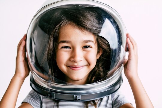 Young girl with a joyful expression holds an oversized astronaut helmet, her face visible through the clear visor, wearing a casual striped shirt