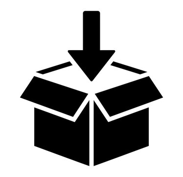 Black and white icon of a cardboard box with a downward arrow shipping box supply chain e commerce delivery icon