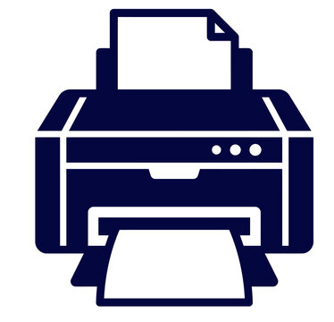 Dark blue printer icon printing a document with laser printer office supply office equipment paper feed flat icon