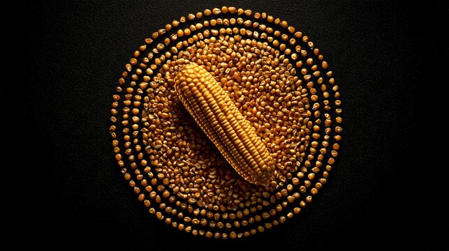 A conceptual corn harvest background featuring a single golden corn cob surrounded by a circular arrangement of loose kernels on a matte black surface, dramatic spotlight from above